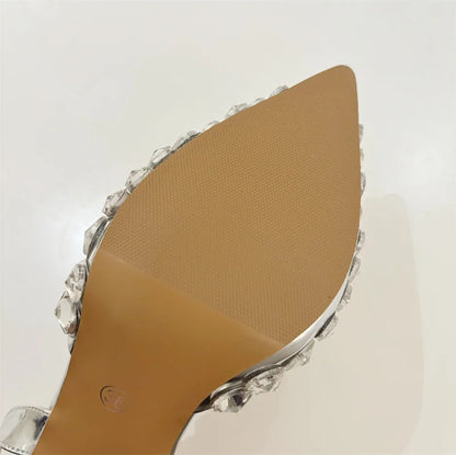 Liyke Elegant Pointed Toe Slingback Stiletto Sandals Crystal Diamonds Women Pumps High Heels Wedding Prom Shoes Zapatos Mujer.