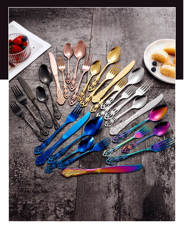 Golden Stainless Steel Cutlery Set Royal European Spoon Fork Complete Tableware Retro Design Dishwasher Safe Elegant Flatware.