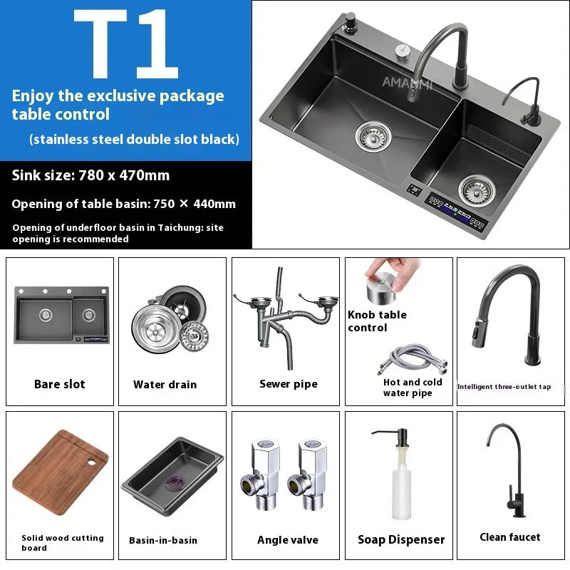 Stainless Steel Smart Water Catalyst Sinks large Double slot Purification Sterilized Fruit Dishwashing Kitchen Sink