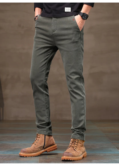Men's Business Casual Pants Stretch Slim Fit Straight Semi-elastic Waist Trousers Solid Classic Office Work Male Clothing