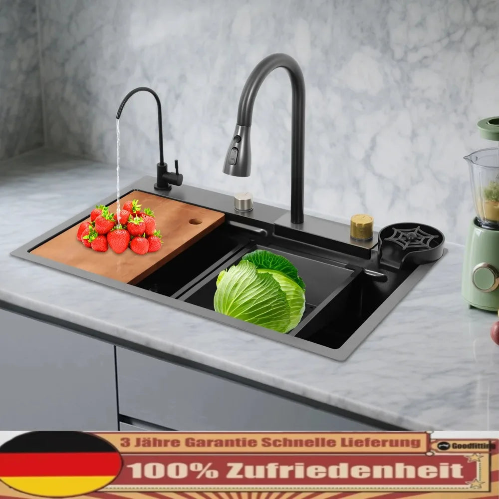 Küchenspüle aus Edelstahl, 70 x 35 x 20 cm, versenkte Spüle mit vier Auslassmodi, Küchenspüle-Set mit Schneidebrett