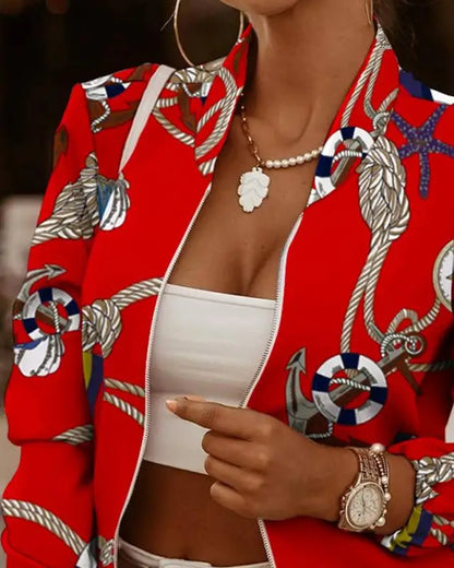 Mode Frauen Jacken Dünne Kurze Mäntel Herbst Vintage Print Lange Sleeve Zipper Dünne Jacke 2024 Casual Oberbekleidung Weibliche Jacke