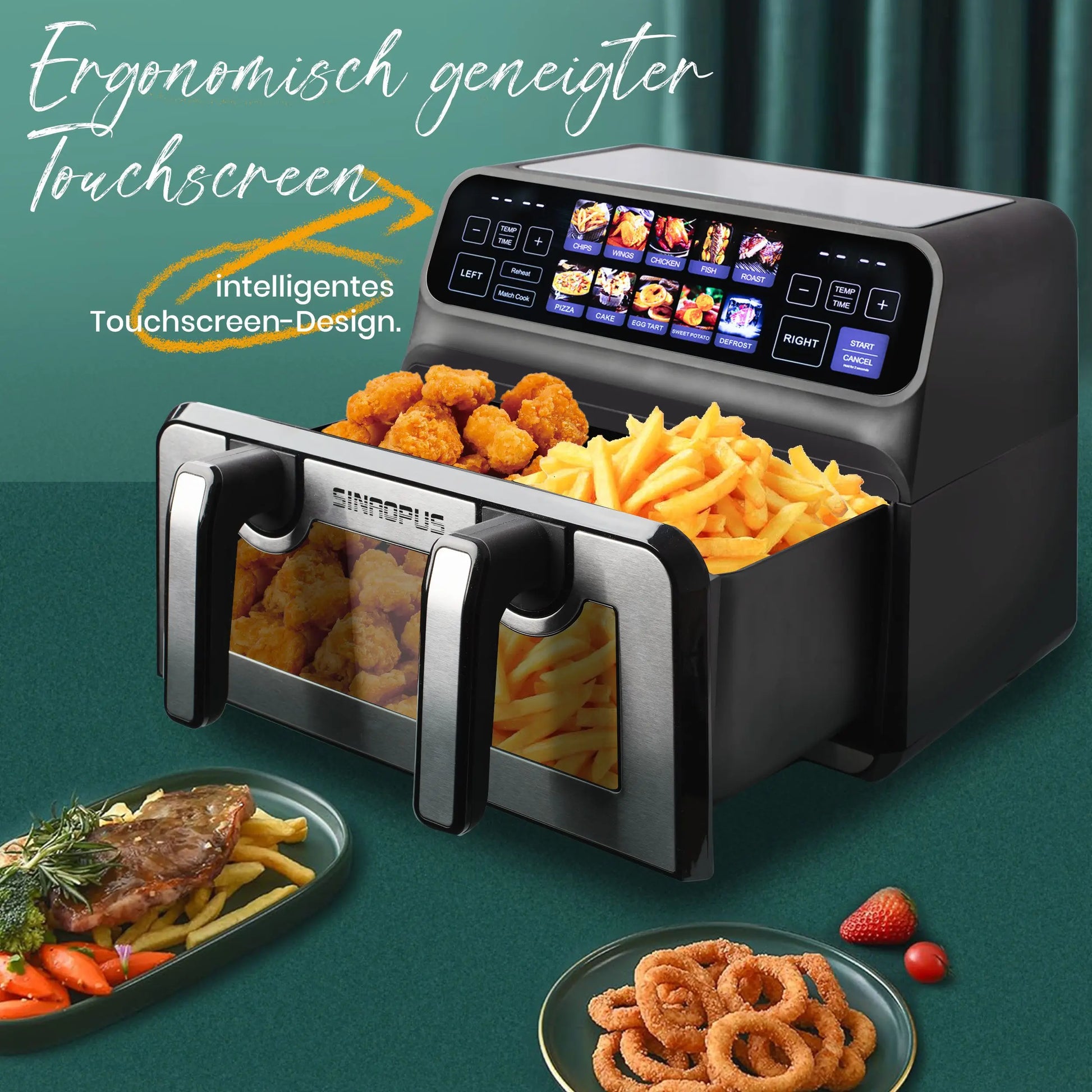 Sinaopus 2200W Hot Air Fryer Dual Basket 9 L XXL Multi-Function Air Fryer with LED Touch Screen Timable Auto Programmes.