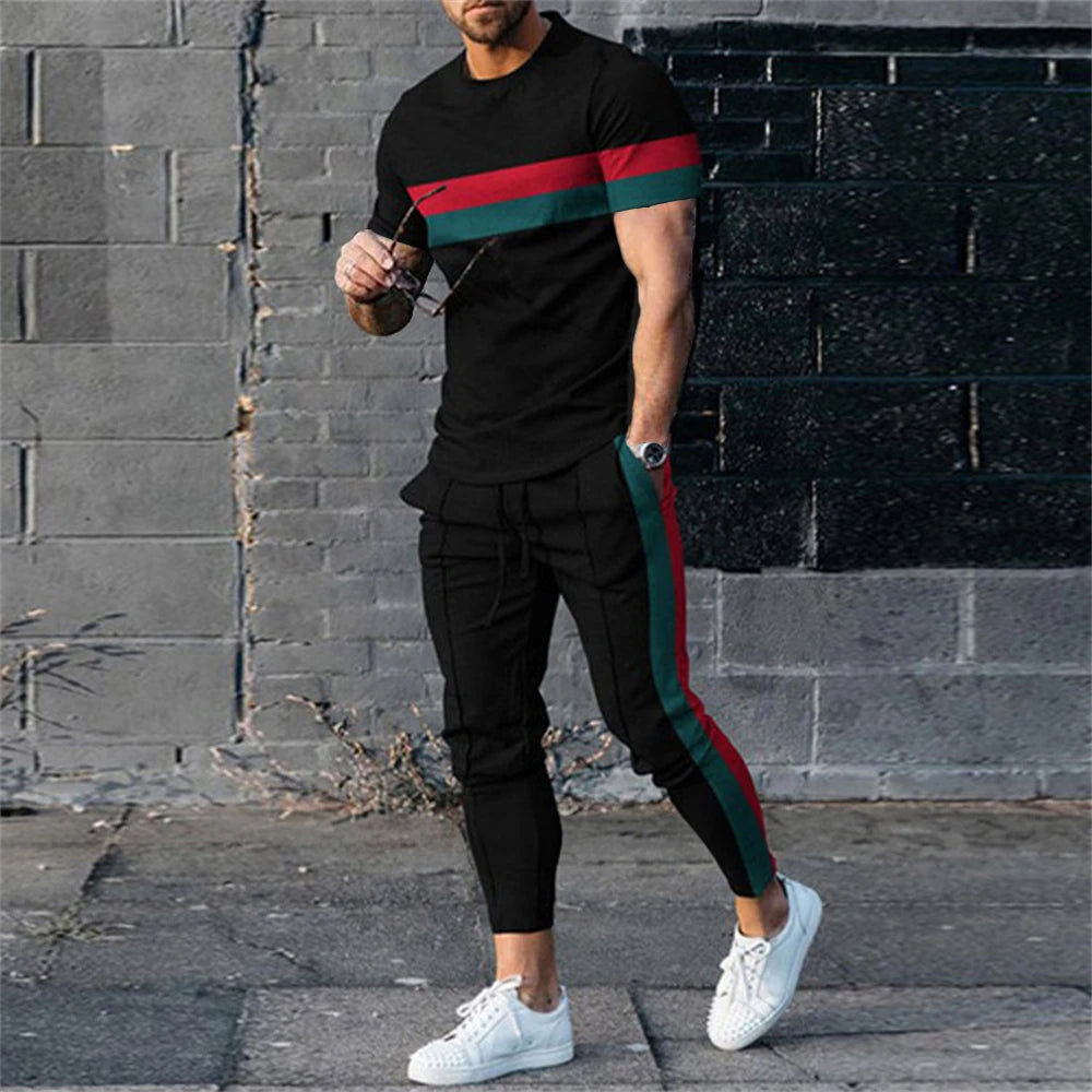 Men's T-Shirt Tracksuit 2 Piece Set Short Sleeve Sportswear Suits Fashion Men's Clothing Trousers Casual O-Neck Tops Pants Suits.