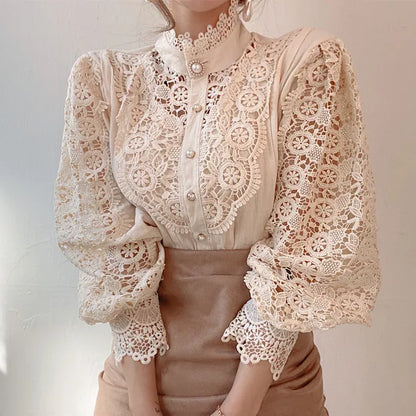 Fashion Long Sleeve Women Blouse Hollow Out Lace Blouse Shirt Tops Women Blusas Mujer De Moda 2024 Blouses Femme Women Shirts.