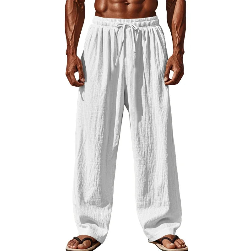 Men's Linen Casual Pants Elastic Waist Beach Pants Lightweight Drawstring Summer Yoga Pants Solid Color Beach Pants