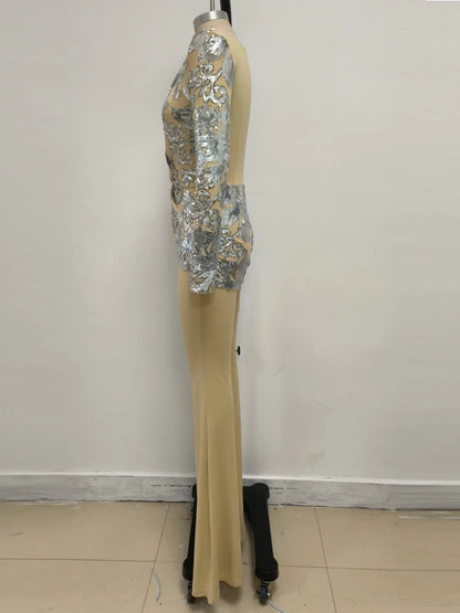 Sexy Deep V Neck Sparkly Diamonds Design Jumpsuit Women Long Sleeve Draped Wide Leg Jumpsuit Elegant Evening Club Costume Runway