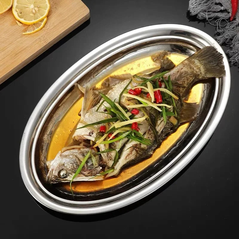 1Pcs 304 Stainless Steel Plate Oval Fish Dish Dinner Dessert Food Sushi Snack Steaming Fruit Dish Household Restaurant Tableware.