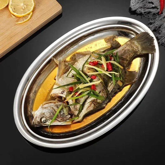 1Pcs 304 Stainless Steel Plate Oval Fish Dish Dinner Dessert Food Sushi Snack Steaming Fruit Dish Household Restaurant Tableware.