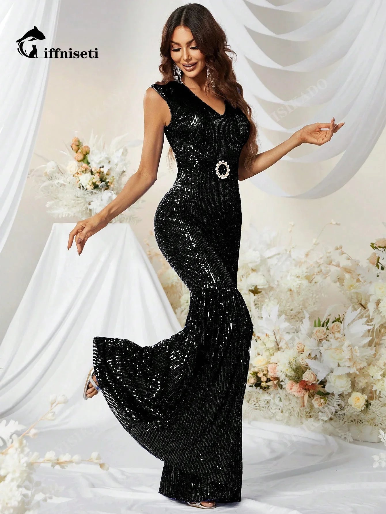 New Arrival Bead Sequin Slim Fit Bell Bottom One Piece Pants Women's Fashion Sleeveless Micro Flare Jumpsuit MGX492-1.