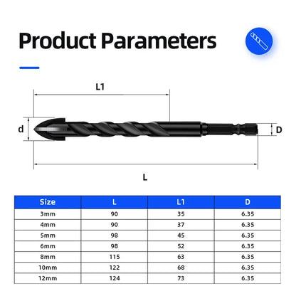 Kreuz-Sechskant-Fliesenbohrer für Glas, Beton, Keramikfliesen, Lochöffner, Tunstenkarbid, Hartmetall-Bits-Set, Werkzeuge, 3, 4, 5, 6, 8, 10, 12 mm