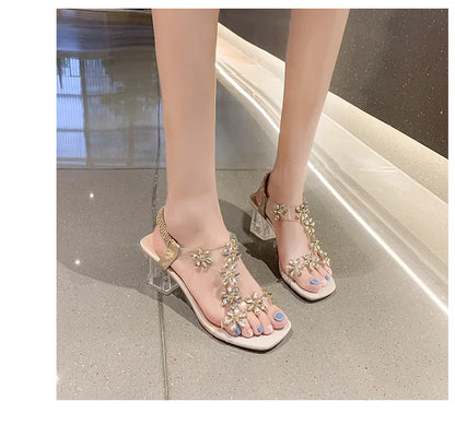 Women;s Sandals Pvc Crystal Flower Shoes for Women Decoration Chunky Heel Sandals Ladies Back Strap Fashion Shoes Female2024