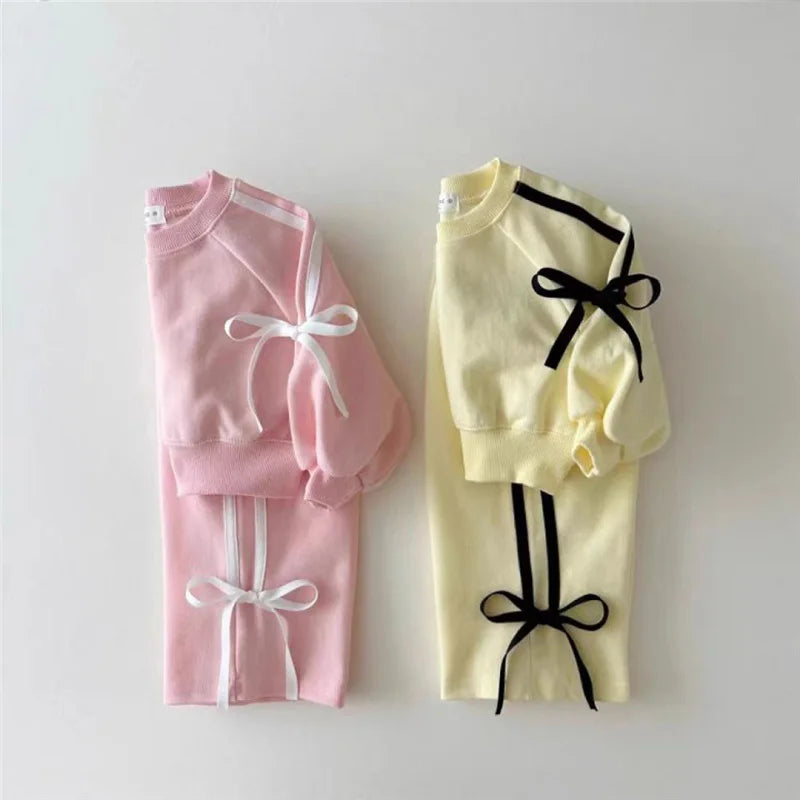 2024 Spring New Kids Clothing Sets Children Long Sleeve Suits Baby Girls Bow Sweatshirt+Pants 2Pcs Toddler Versatile Outfits.