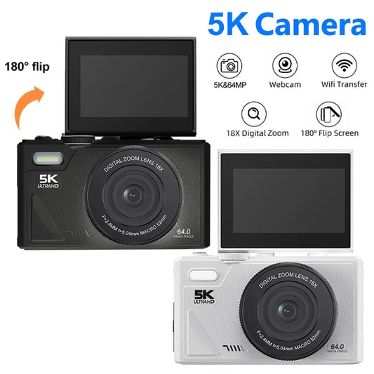 5K Compact Digital Photography Camera 18X Digital Zoom Vintage Vlog Video Recorder YouTube 64MP 3'' 180° Flip Screen Cameras.