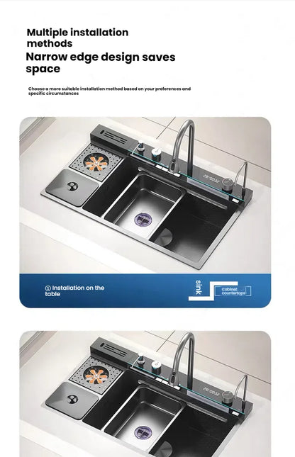Smart Digital Display Waterfall Faucet Kitchen Sink With Knife Holder and Trash Can Household Wash Dish Basin Large Single Slot