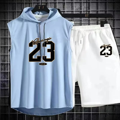 The 2025 new breathable model Men's summer sports suit printed loose breathable short sleeve + jogging shorts suit.