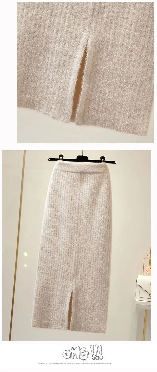 Mink velvet skirt female autumn and winter mid-length knitted one-step skirt split straight winter skirt casual solid long skirt.