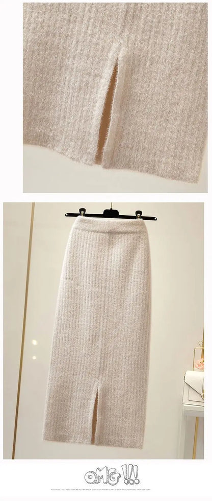 Mink velvet skirt female autumn and winter mid-length knitted one-step skirt split straight winter skirt casual solid long skirt.