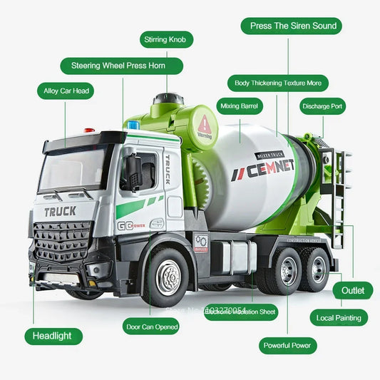 1/24 Electric Mixer Truck Toys Model Car Alloy Diecast Engineering Vehicles Doors Opened Sound Light Pull Back Toy Gift for Kids.