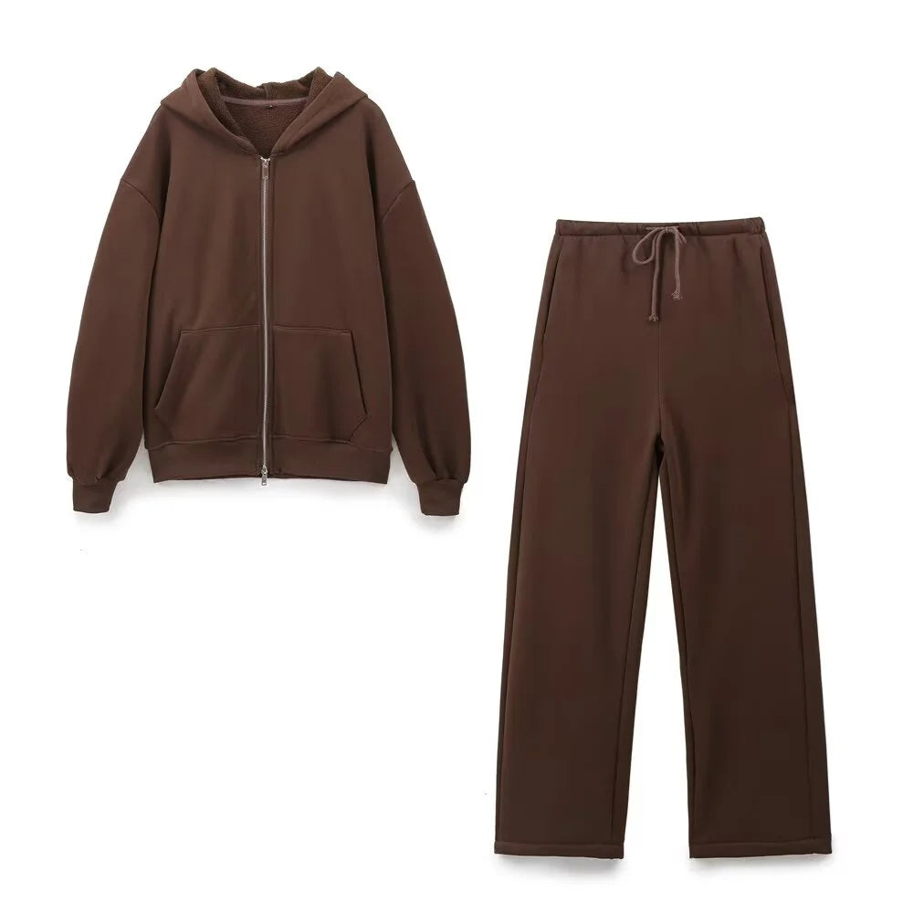 autumn new women's fashionable casual zipper decoration hooded long sleeved sportswear jacket wide leg pants set