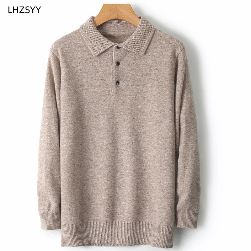 LHZSYY 100%Merino Wool Hot Cardigans Men Lapel Pullover Long Sleeve POLO Neck Sweaters Loose Tops Knit Clothing Large Size Shirt.