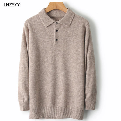LHZSYY 100%Merino Wool Hot Cardigans Men Lapel Pullover Long Sleeve POLO Neck Sweaters Loose Tops Knit Clothing Large Size Shirt.