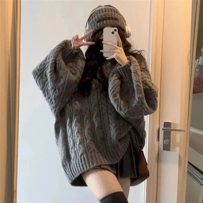 Herbst Winter Frauen Pullover Harajuku Übergroßen Gestrickte Pullover Koreanische Langarm V-ausschnitt Strickwaren Preppy Solide Lose Jumper