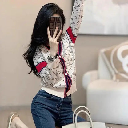 Women Knitwear Fashion Letter Jacquard Thin Cardigan Spring Slim Y2K V-neck Long Sleeve Tops Commute Vintage Sweaters.
