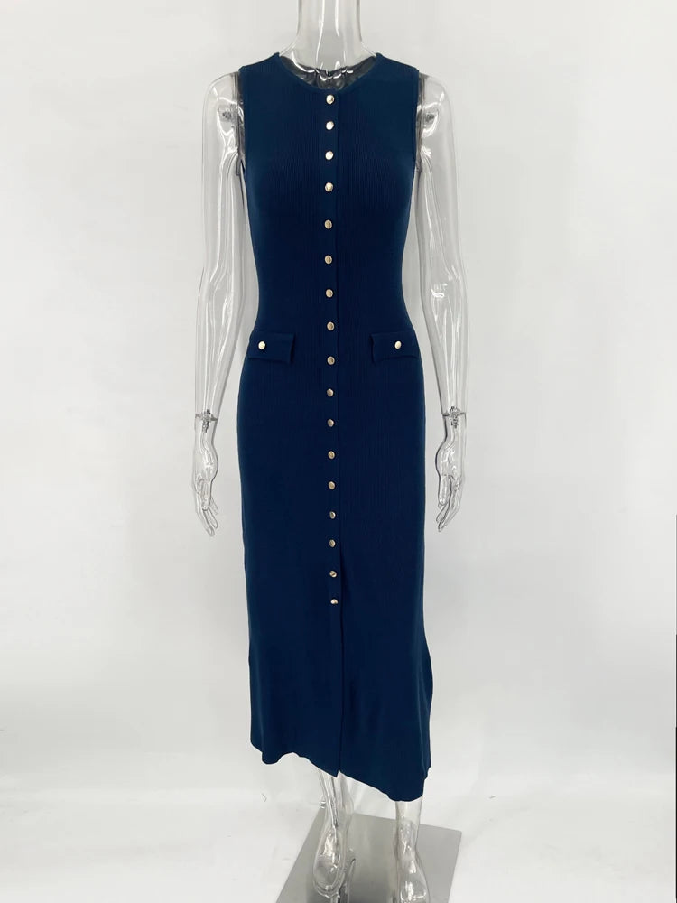 Tossy Strick-Maxikleid mit gerippter Strickjacke, weiblich, hohe Taille, schlanke Tasche, ärmellos, elegantes Partykleid, Damen-Strickwaren, langes Kleid.