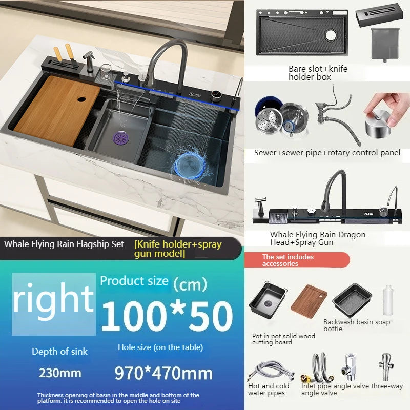 Goldene Küchenspüle aus Edelstahl, multifunktionale Wasserfall-Auslass, Einzelschlitz, Klavierknopf, Digitalanzeige