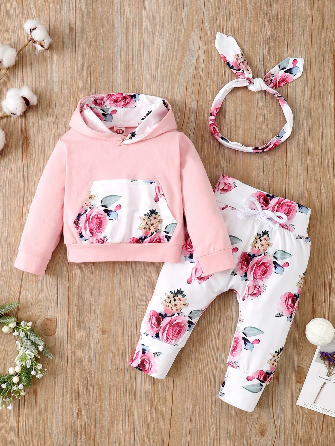 0-18 Months Toddler Baby Girl 3PCS Hooded Clothes Set Flowers Print Long Sleeve Top+Pant+Bowknot Headband Fashion Autumn Outfit.