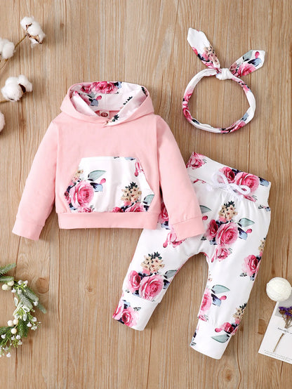 0-18 Months Toddler Baby Girl 3PCS Hooded Clothes Set Flowers Print Long Sleeve Top+Pant+Bowknot Headband Fashion Autumn Outfit.