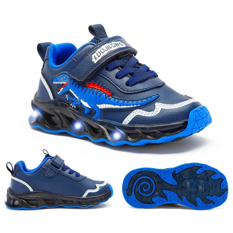 EXDINO Dinosaur Little Kids Spring Autumn LED Light Up Shoes Children Spinosaurus Boys Glowing Casual Sports Sneakers Non-slip