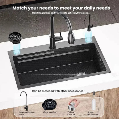 Gray Large Single Slot Stainless Steel Kitchen Sink Multifunctional Wash Dish Basin Nano Honeycomb Embossed Undermount Basin