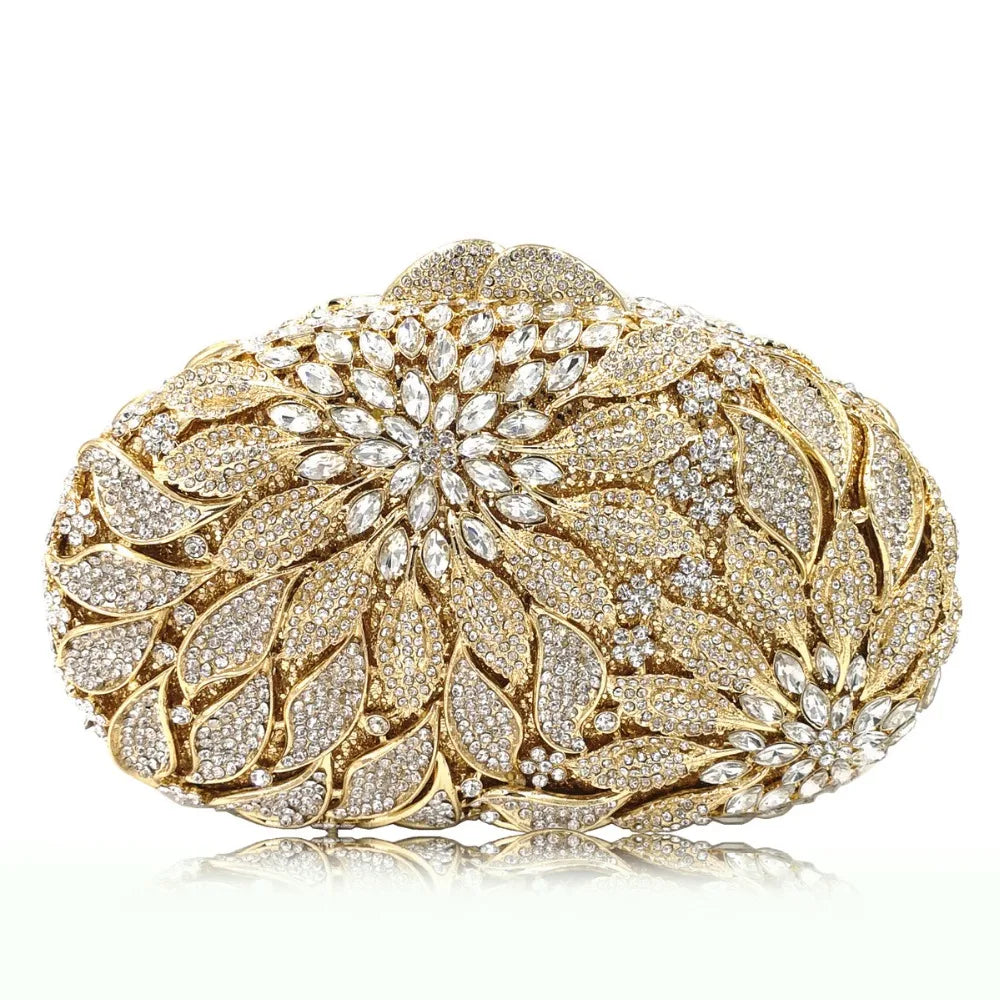 Gold Metal Leaves White Crystals Evening Clutch Bags Luxury Women Wedding Party Purse Ball Handbags Rhinestone Mini heart bag.