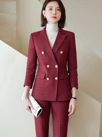 Autumn Winter Red Coffee Blue Black Ladies Pant Suit Women Female Business Work Wear Plaid Jacket and Trouser Blazer 2 Piece Set.