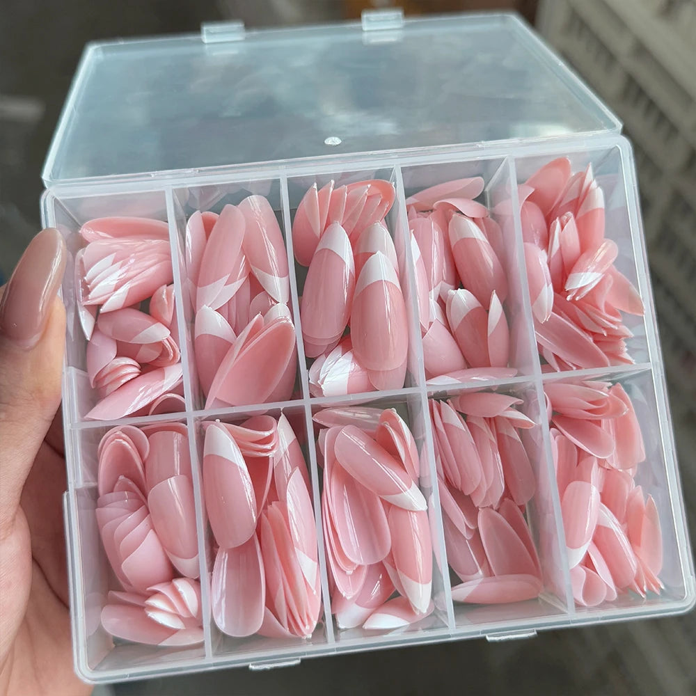360/240/120pcs Light Pink Almond Press On Nails Glossy White French Fake Nail Simple Full Cover Fake Nails Soft Gel Nail Tips*%&.