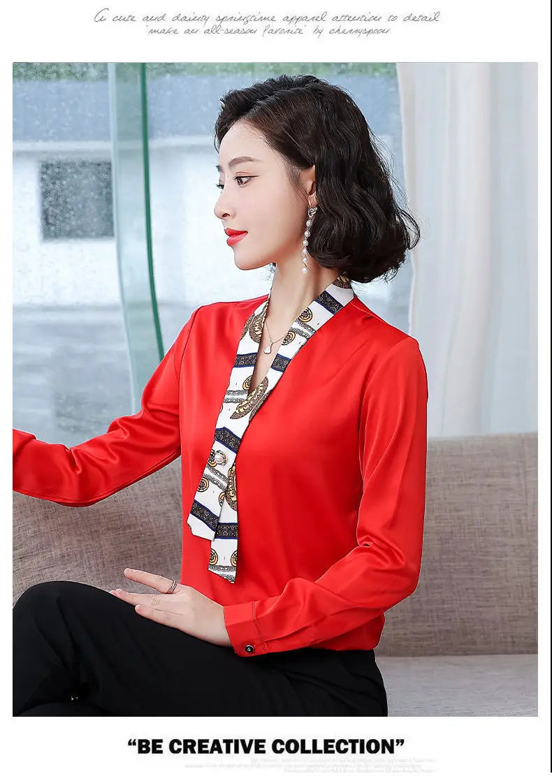 Women's fashionable streamer tops fashionable and elegant small fragrance style covering the belly satin shirt.