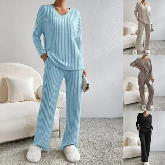 Women's Pajamas Autumn Winter New Casual Straight Pants Pullover Sleepwear Loose V Neck Knitted Home Wear Two Piece Loungewear.