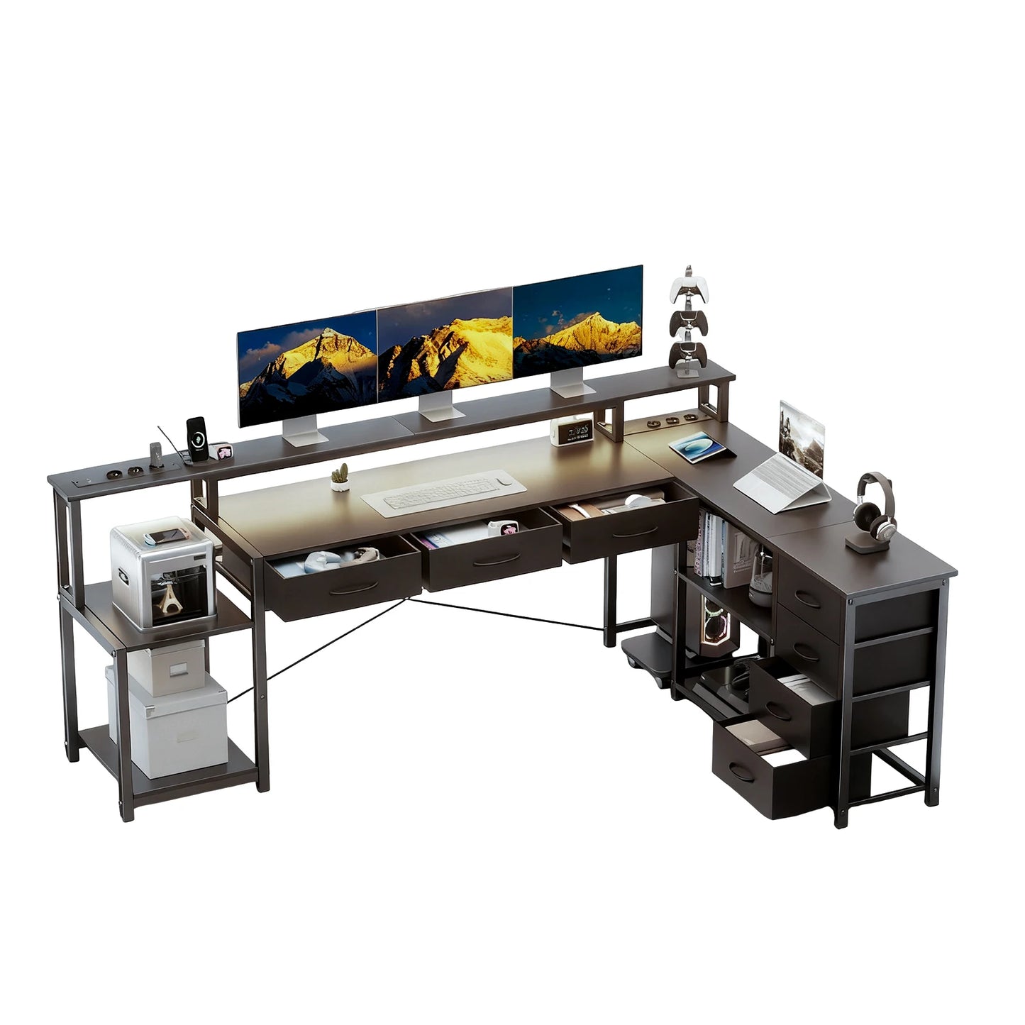 Schwarzer L-förmiger Schreibtisch mit LED Beleuchtung USB Steckdosen und Schubladen Gaming Computertisch 200cm