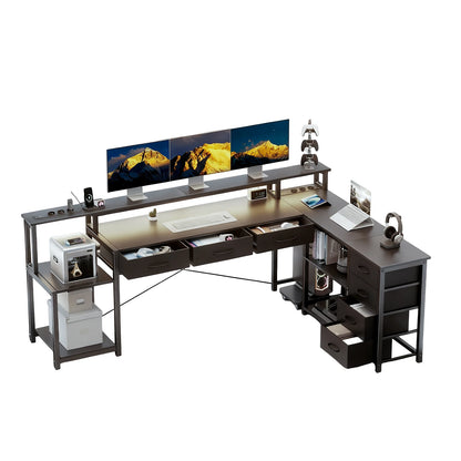 Schwarzer L-förmiger Schreibtisch mit LED Beleuchtung USB Steckdosen und Schubladen Gaming Computertisch 200cm