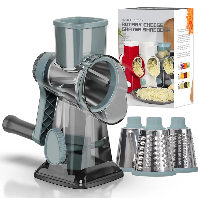 LMETJMA 3 in 1 Rotary Cheese Grater Versatile Manual Vegetable Slicer Peanut Nuts Grinder Cheese Vegetable Shredder Clear JT242.