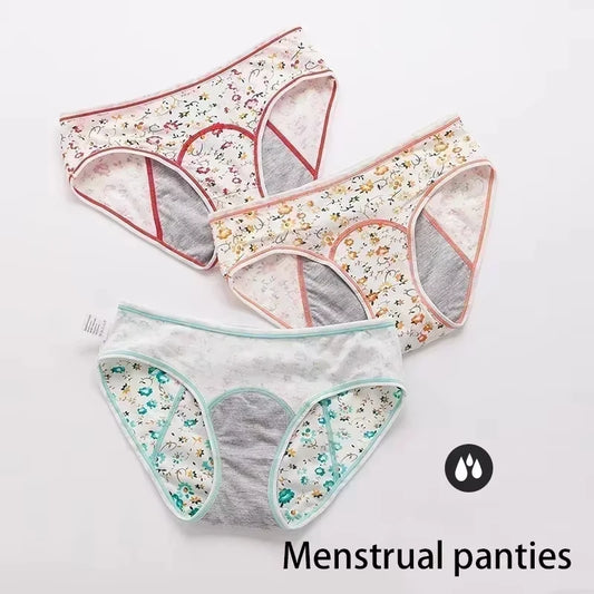 3pcs girl 's Pure Cotton Menstrual Leak-Proof Breathable Briefs Three Layers teenager Physiological Student Mid Waist Pantie.