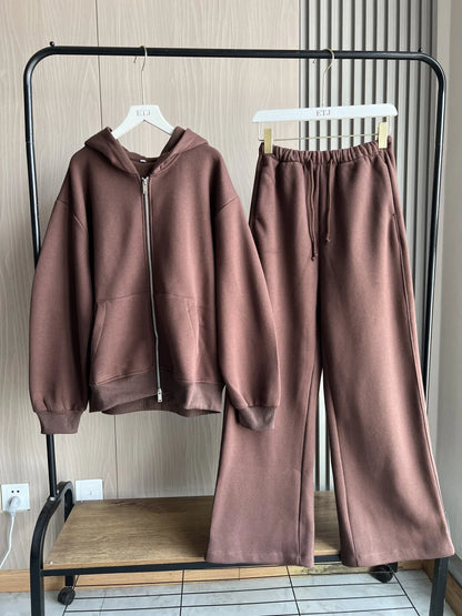 ETJ 2025 Fall/Winter new  women's casual sports oversized zipper hoodie wide leg mop sweatpants set 4174842.