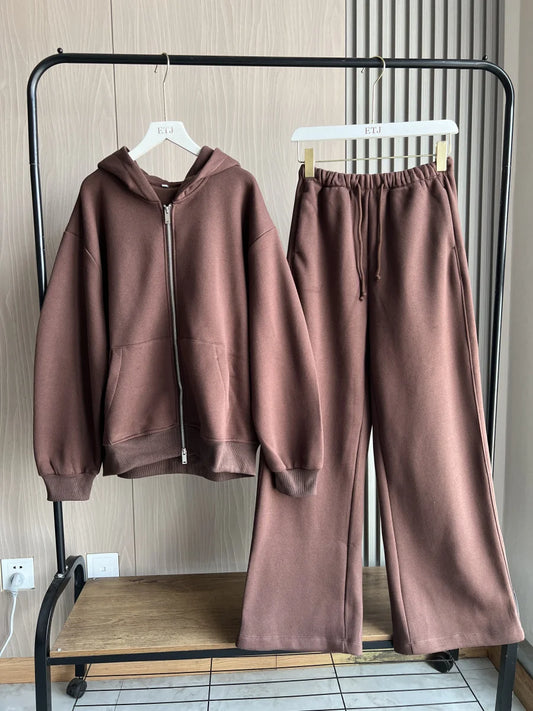 ETJ 2025 Fall/Winter new  women's casual sports oversized zipper hoodie wide leg mop sweatpants set 4174842.