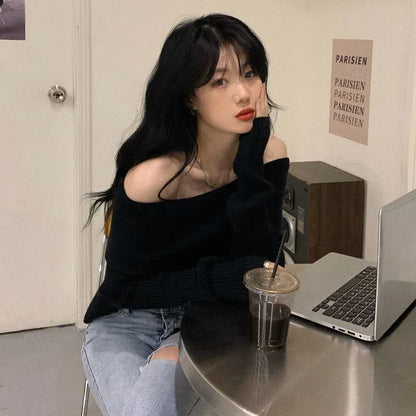 Lucyever Slash Neck Strick pullover Frauen sexy schulter freie Langarm pullover weibliche koreanische elegante verdicken schlanke Pullover Top.