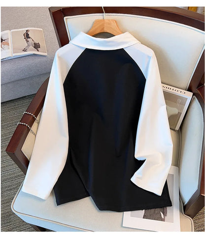 170kg plus size Damen büste Frühling Herbst loser Polo kragen kontrastieren des Sweatshirt schwarz lila 4xl 5xl 6xl 7xl 8xl 9xl
