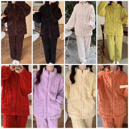 Große Größe Flanell Pyjama Set Herbst Winter Weibliche Nachtwäsche Hosen Anzug Verdicken Korallen Fleece Hohe Kragen Lounge Tragen Homewear.