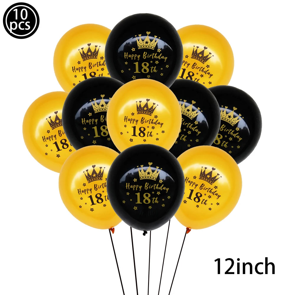 Dekore zum 18. Geburtstag für Jungen und Mädchen, Schwarz-Gold, Party-Banner, Ballon-Tischdecke, Teller, Tasse, Serviette, Partyzubehör zum 18. Geburtstag.