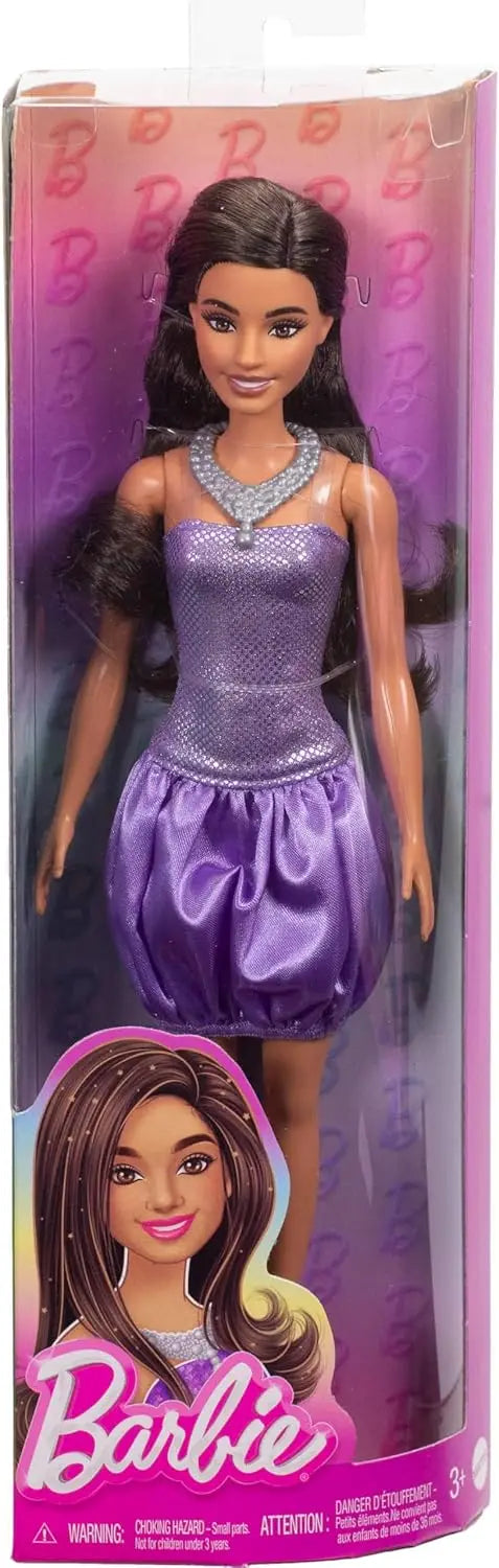 Genuine Barbie 1/6 Doll Fashionistas Model Brown Hair Sequined Purple Bubble Dress Accessory with Necklace Shoes Girls Toys Gift.